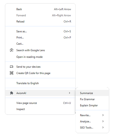 AxiomAI Context Menu Interface